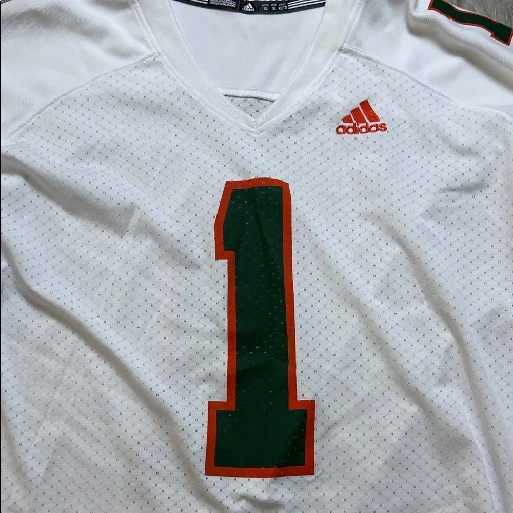 Miami Hurricanes adidas XL Men’s White Football Jersey Green/Orange Number ONE 1